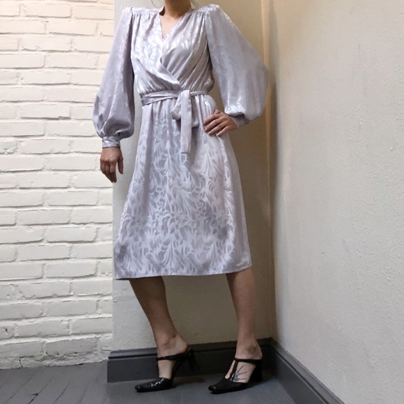 Vintage 80s Liquid Satin Faux Wrap Midi Dress | 6 - Picture 1 of 8